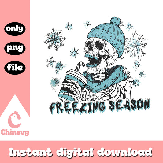 Freezing season skeleton snow design png, skeleton with coffee cup​ png