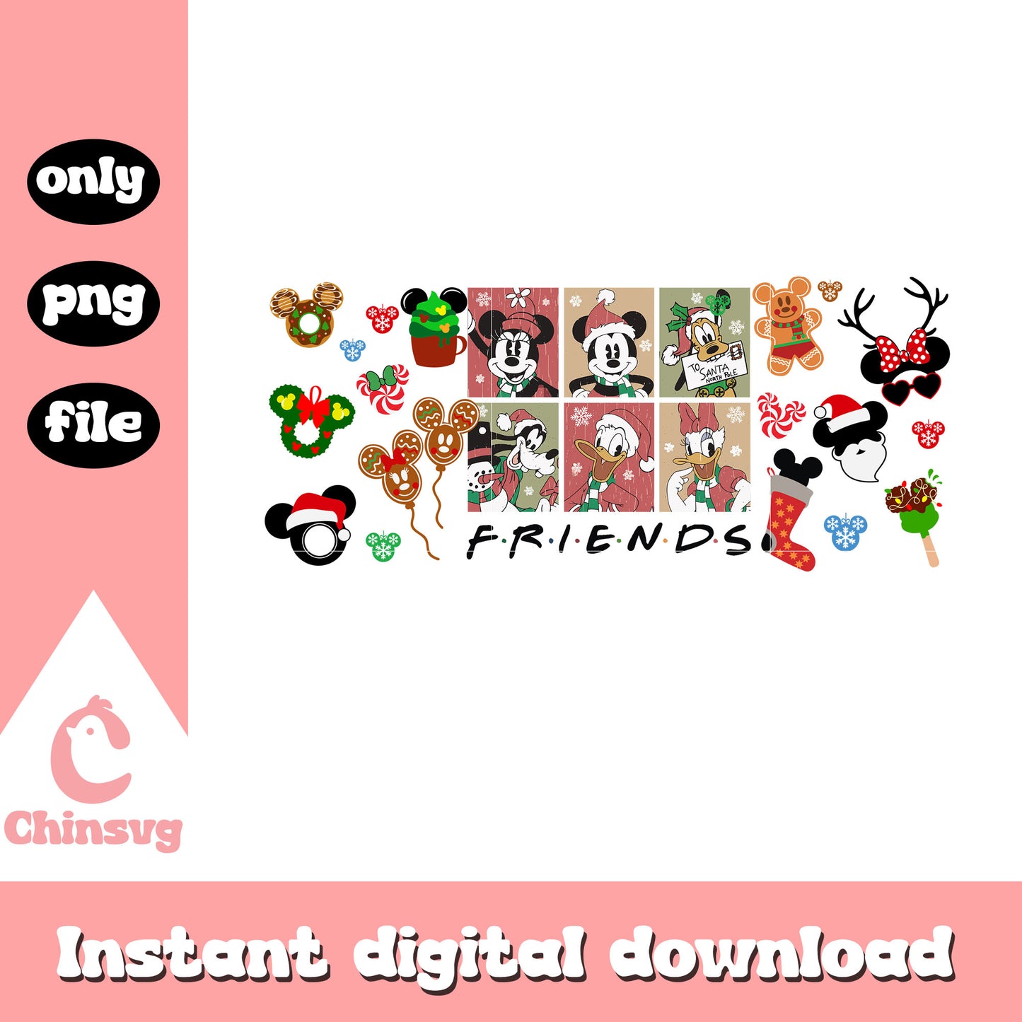Friends disney funny christmas retro png, mickey mouse art png