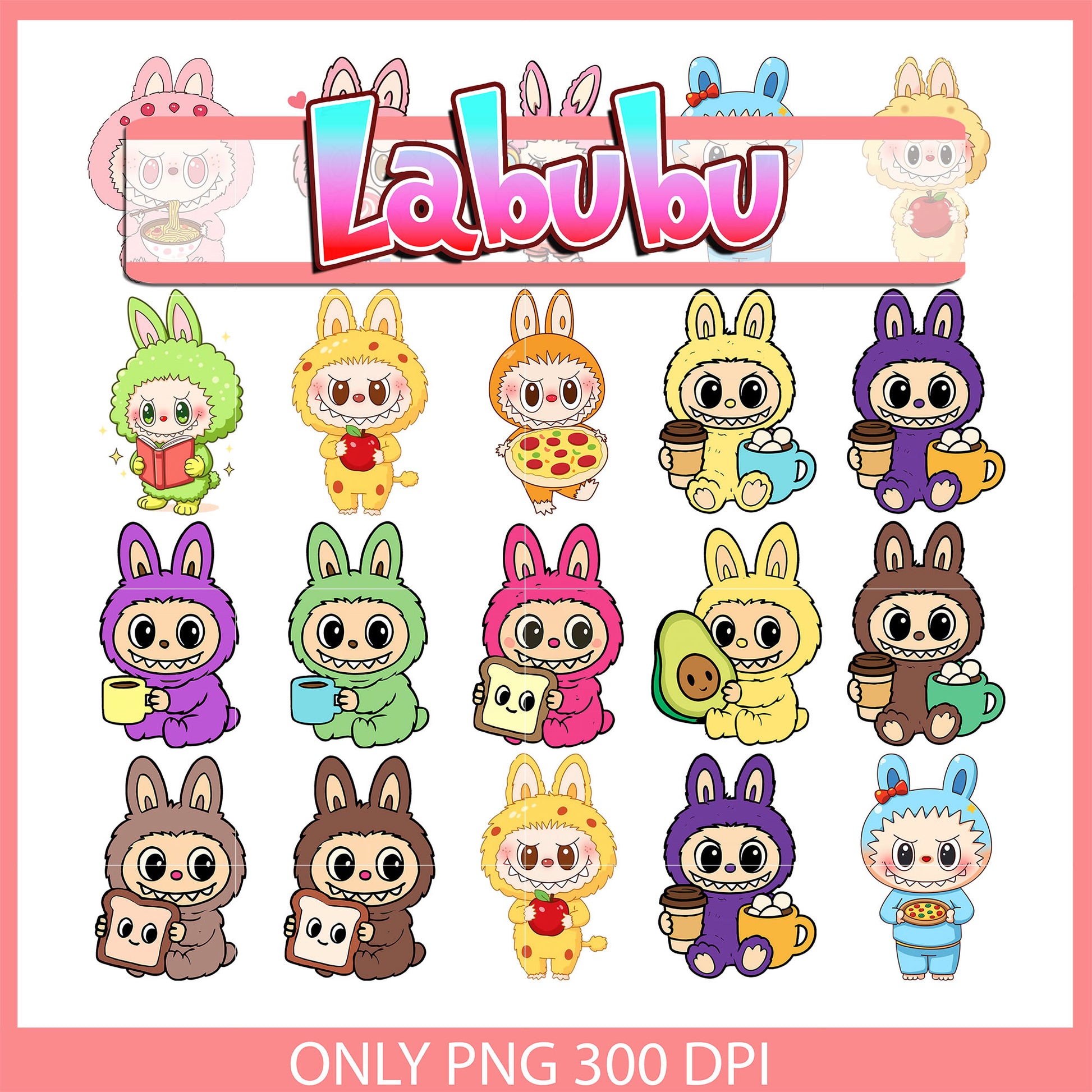 Full color labubu hand food design bundle png, labubu clipart png