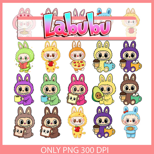 Full color labubu hand food design bundle png, labubu clipart png