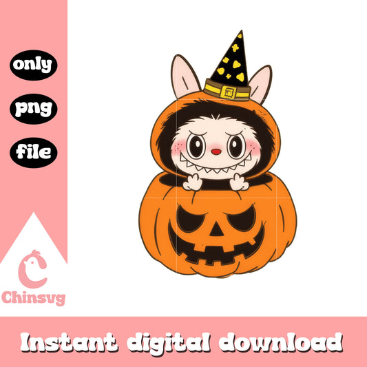 Funny baby witch pumpkin labubu halloween png, pumpkin halloween png