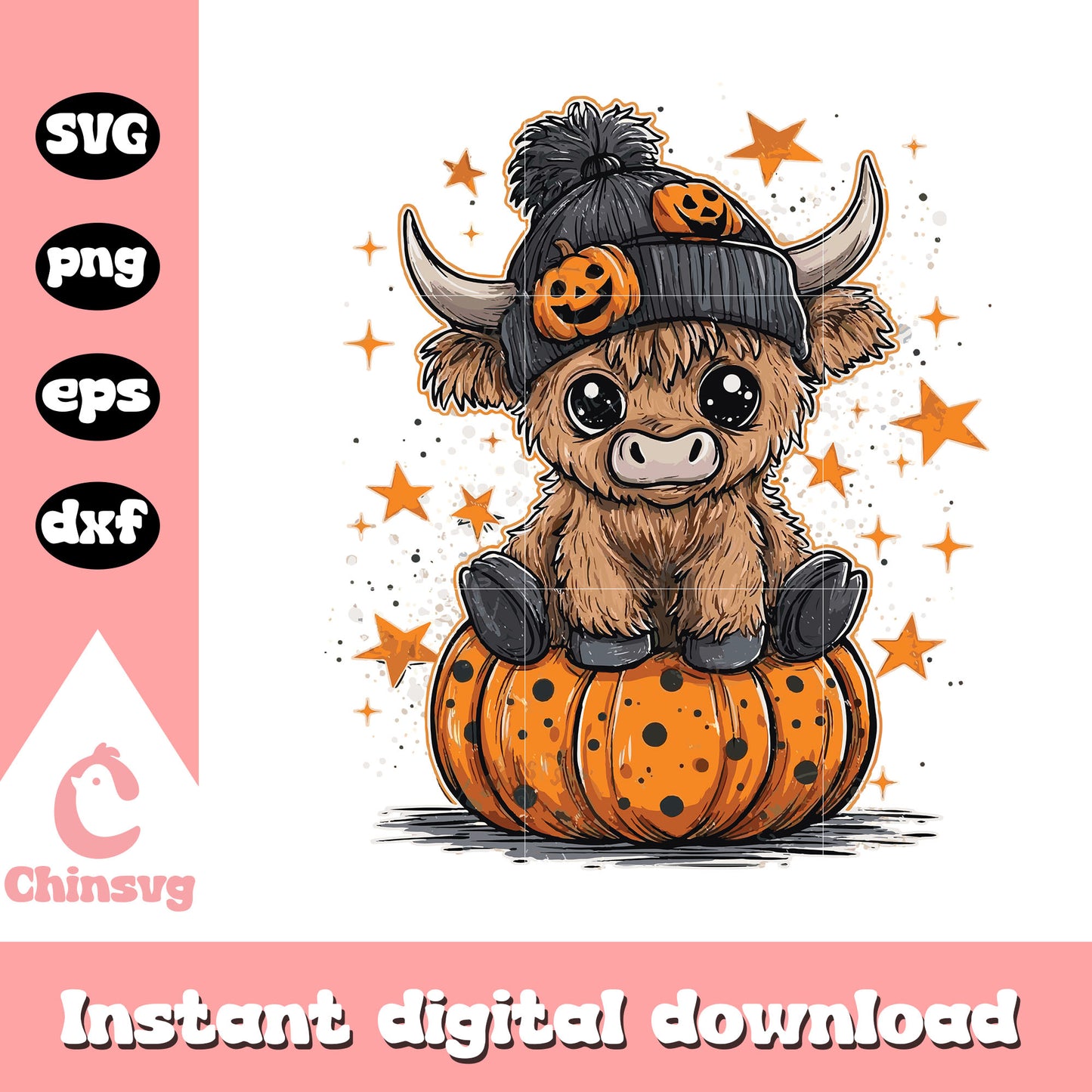Funny fall pumpkin cow design svg, retro halloween highland cow svg
