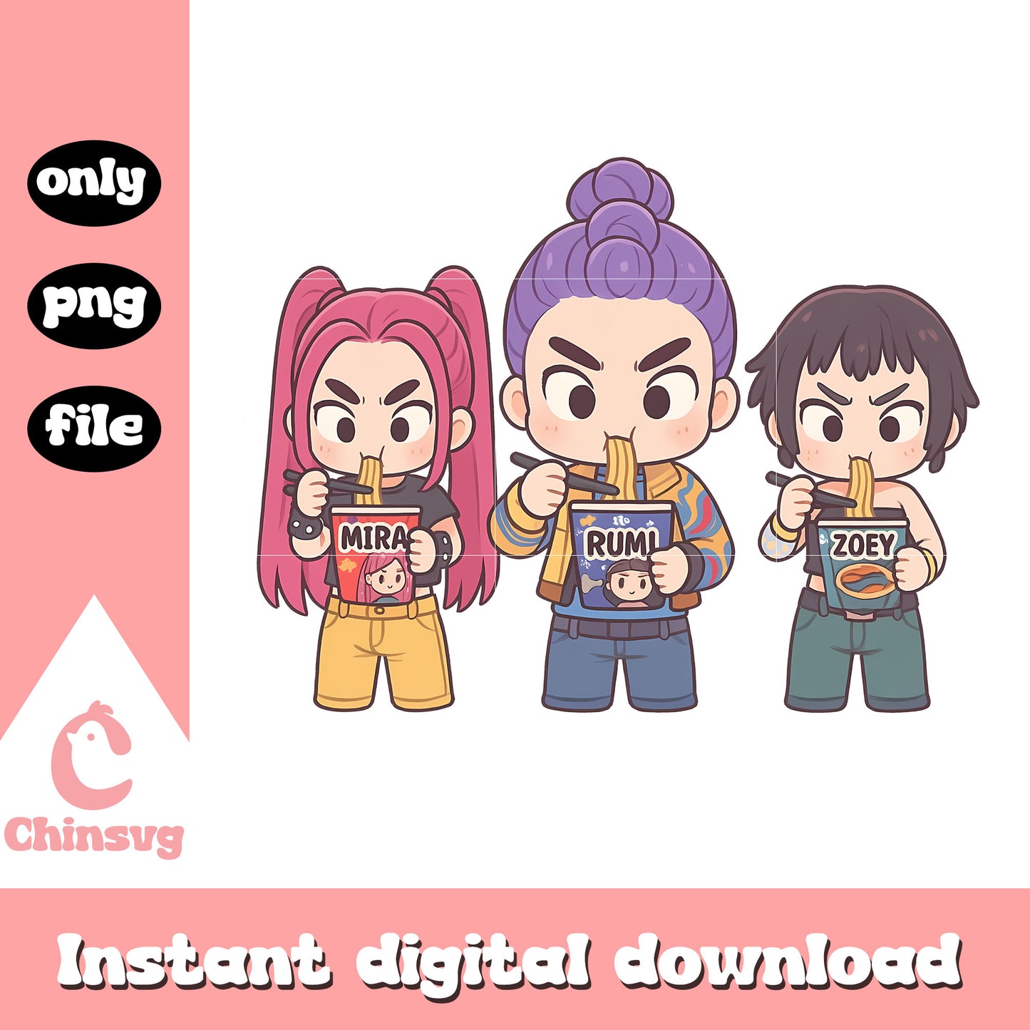 Funny rumi friends eating ramyeon png, kpop demon hunters png