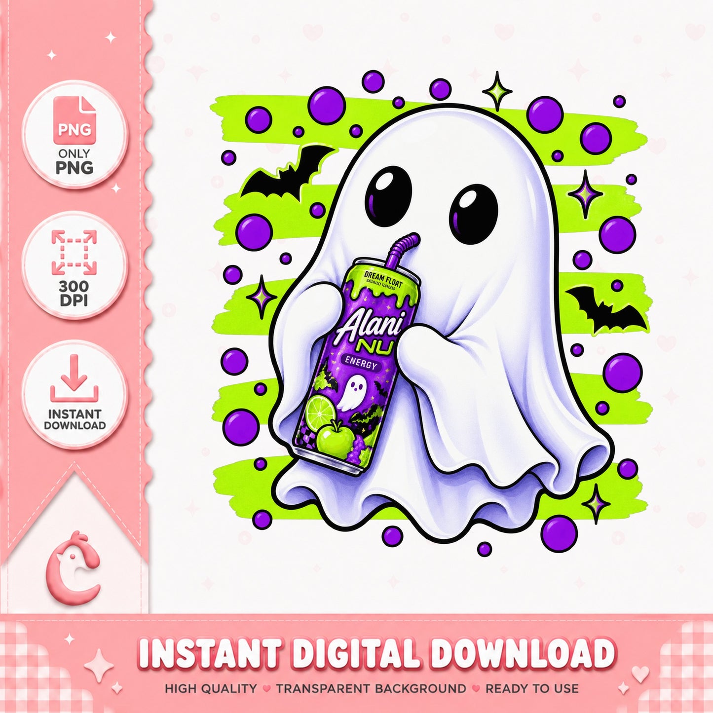 Ghost Drinking Alani Nu Energy PNG, Halloween Clipart, Sublimation PNG