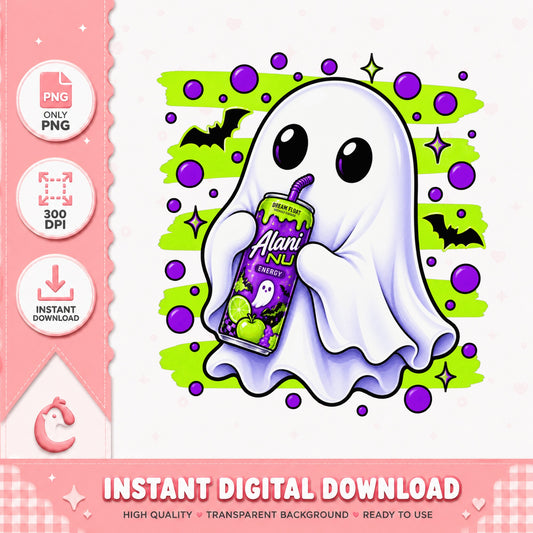 Ghost Drinking Alani Nu Energy PNG, Halloween Clipart, Sublimation PNG