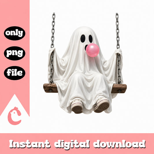 Ghost On Swing Bubble Gum PNG, Cute Halloween Ghost, Spooky PNG
