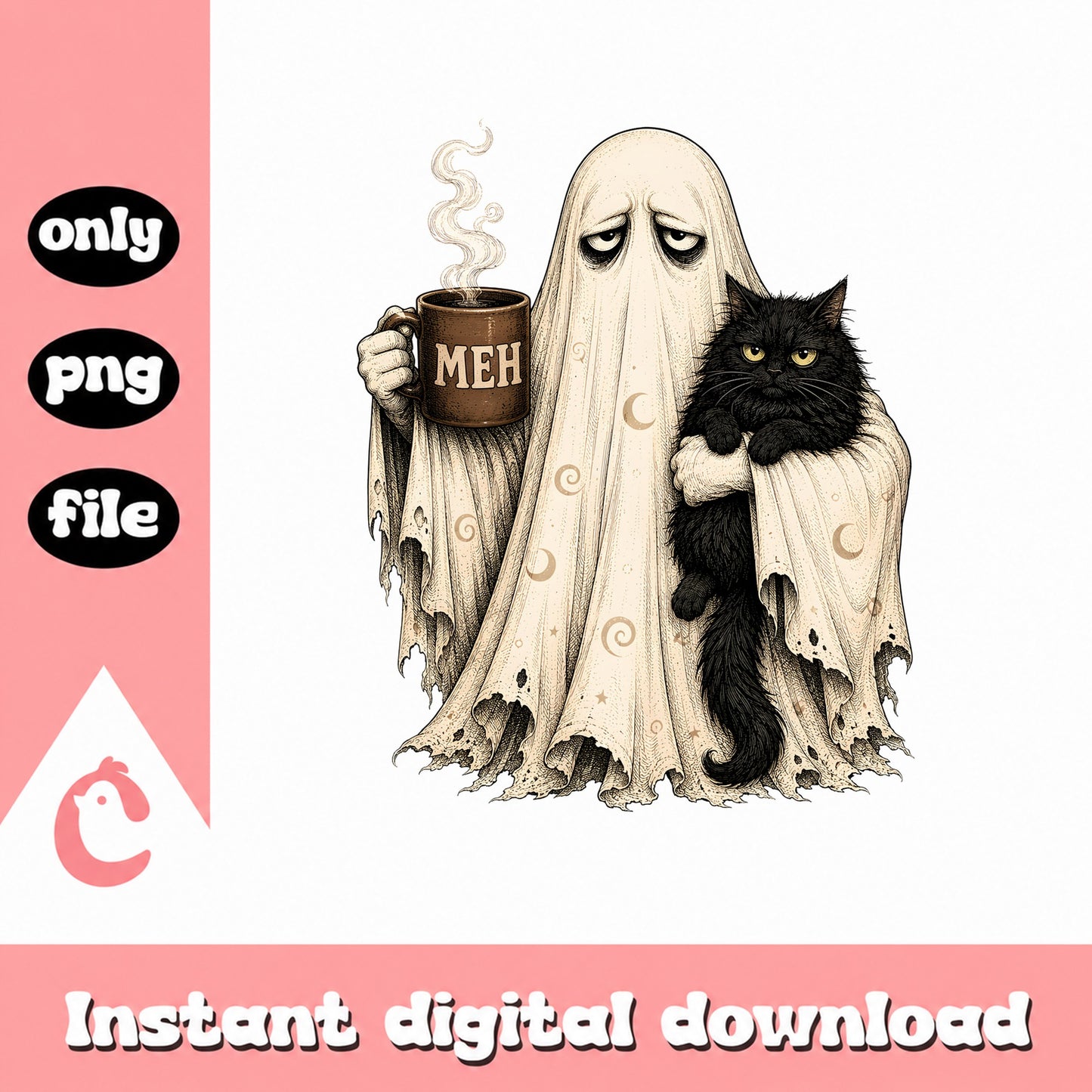 Ghost With Black Cat And Coffee Mug PNG, Halloween PNG, Spooky PNG