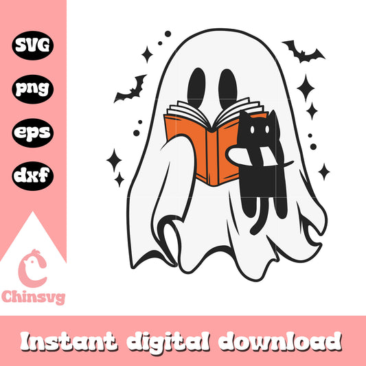 Ghost and cat reading book design svg, ghost cute svg, halloween svg