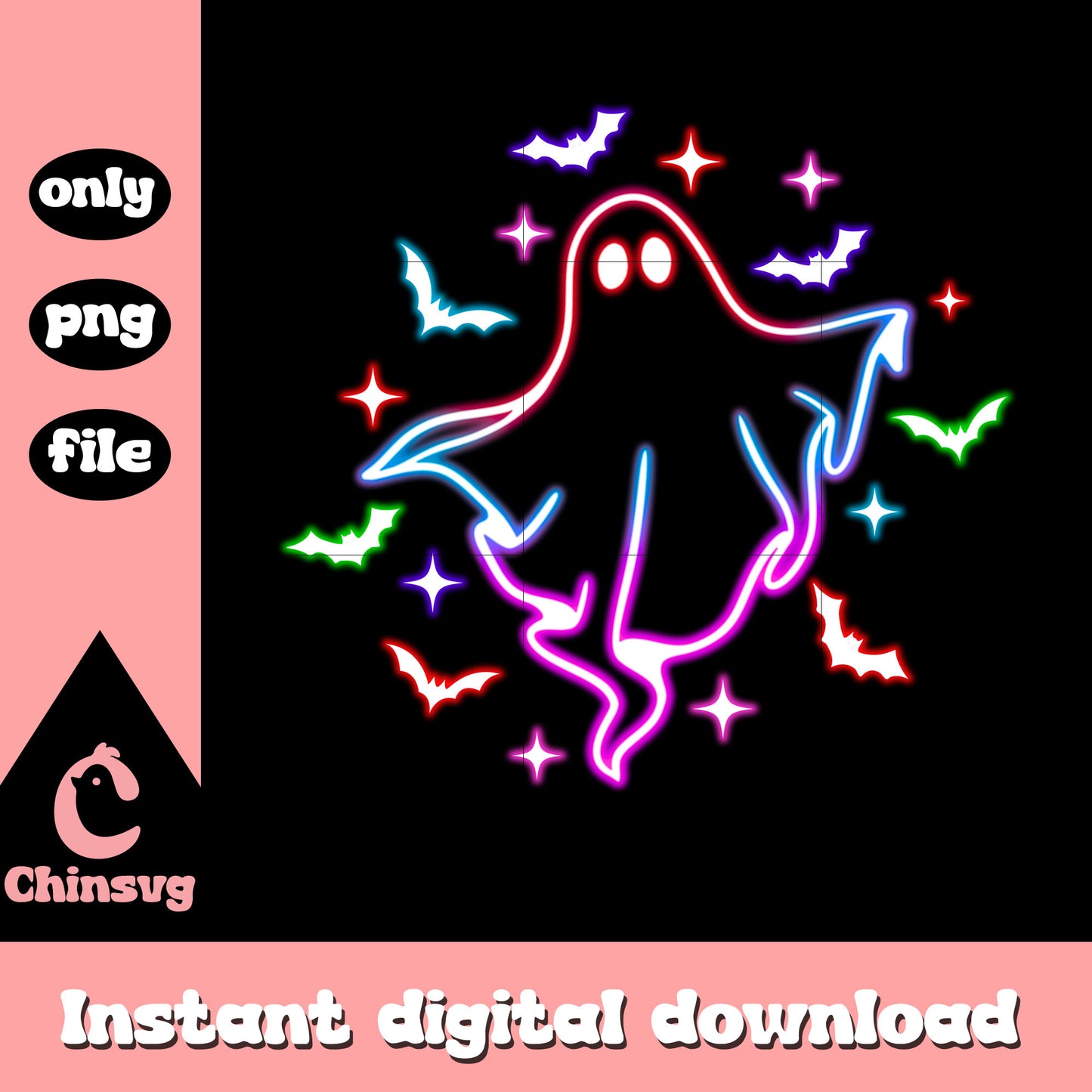 Ghost bats halloween neon art png, halloween ghost decoration png