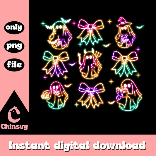 Ghost bow halloween neon clipart png, cute ghost pictures halloween png