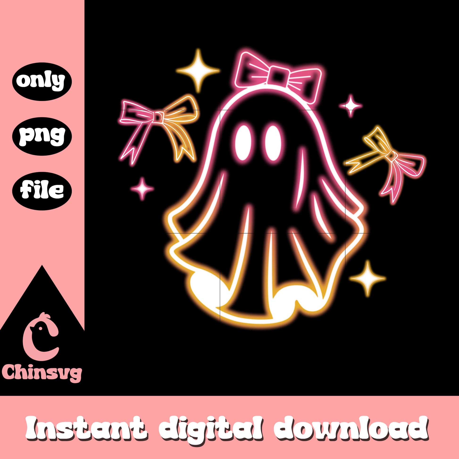 Ghost cute bow halloween neon art png, ghost halloween decorations png