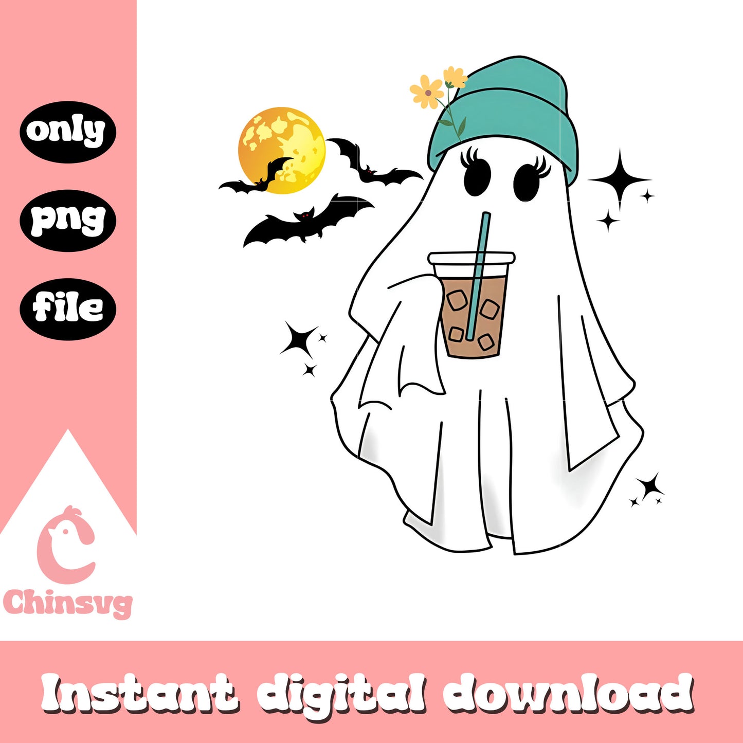 Ghost drink milk tea design png, spooky ghost png