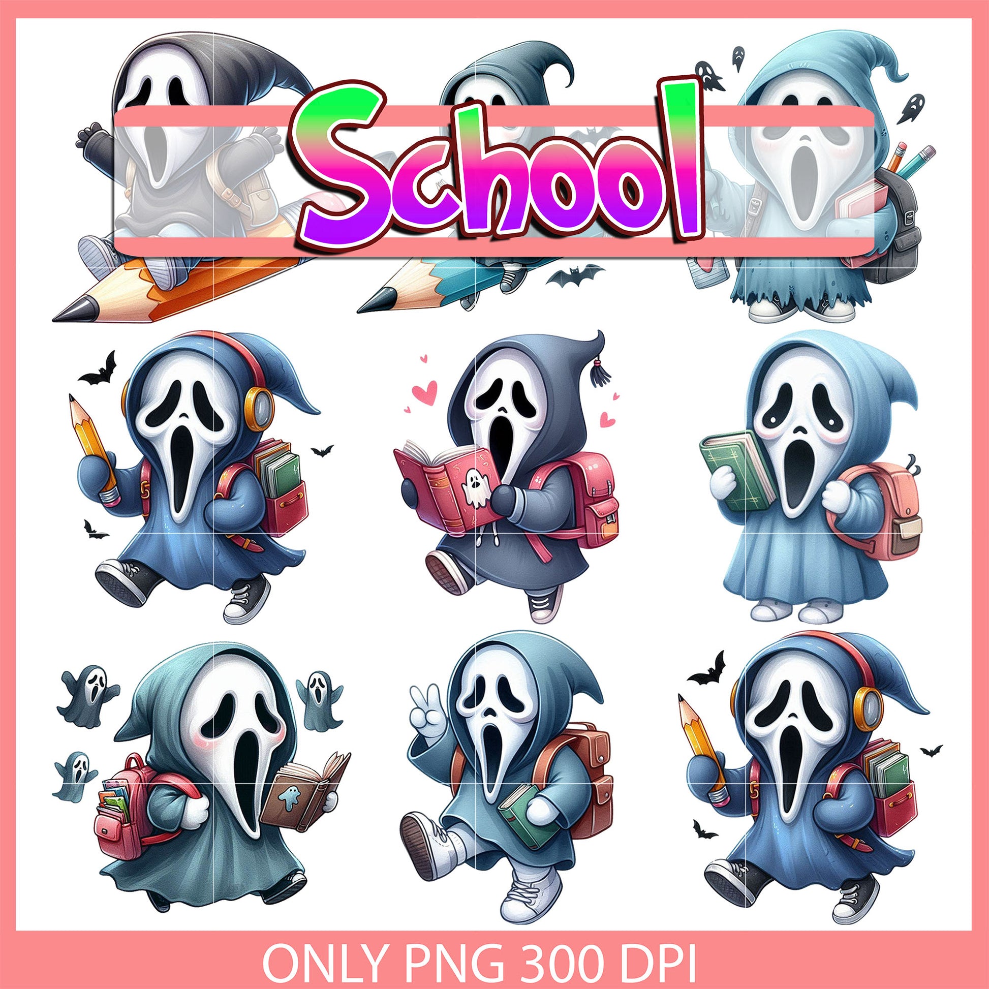 Ghostface character back to school design bundle png, ghostface png