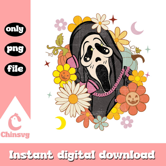 Ghostface head floral halloween png, halloween design png