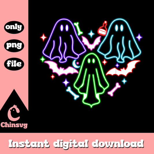 Ghost halloween heart shaped neon design png, cute halloween ghost images png