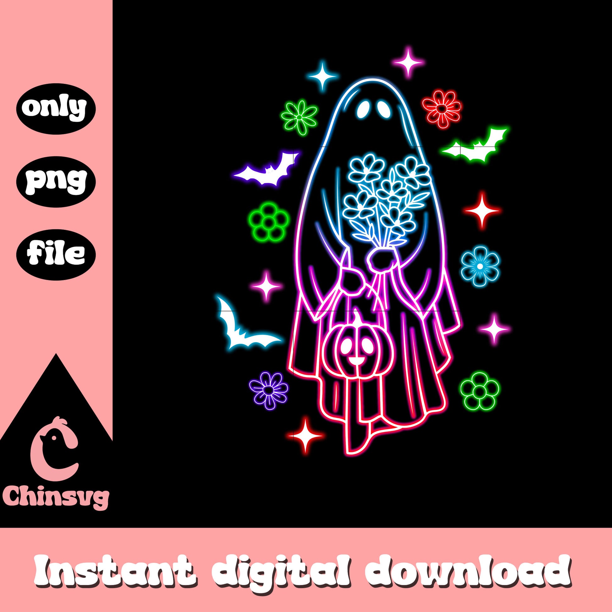 Ghost hand pumpkin and flower halloween neon png, ghost halloween decor png