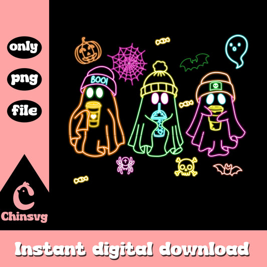 Ghost have coffee halloween neon art png, halloween day png