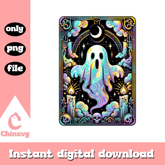 Ghost hovering golden tarot card png, horror cute ghost tarot card png
