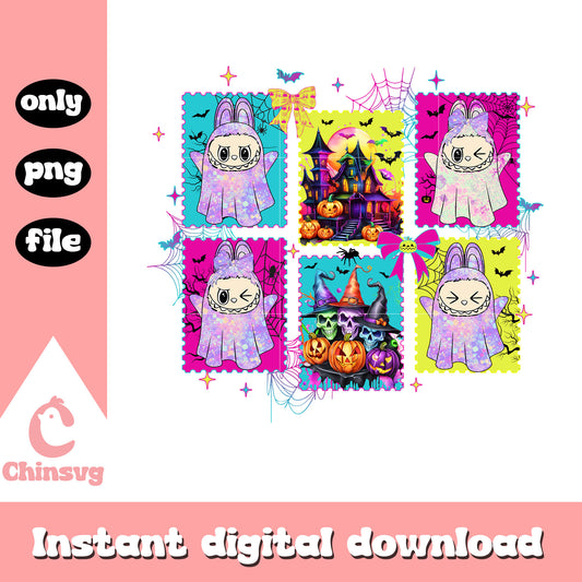 Ghost labubu castle halloween coquette design png, happy halloween png