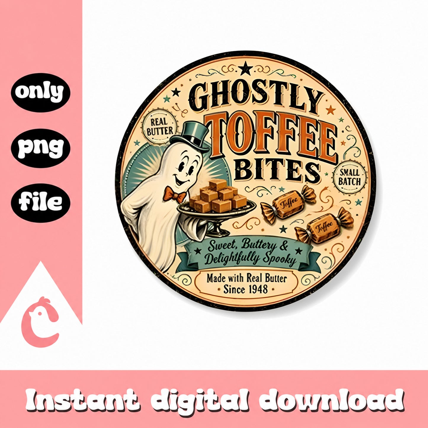 Ghostly Toffee Bites Label PNG, Halloween Vintage Design, PNG