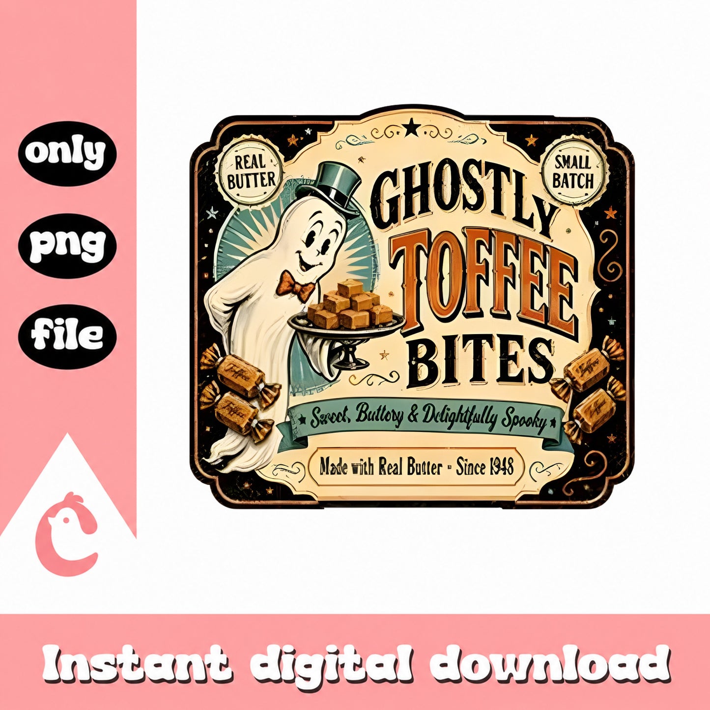 Ghostly Toffee Bites Vintage Label PNG, Halloween Retro, PNG