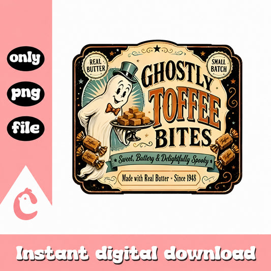 Ghostly Toffee Bites Vintage Label PNG, Halloween Retro, PNG