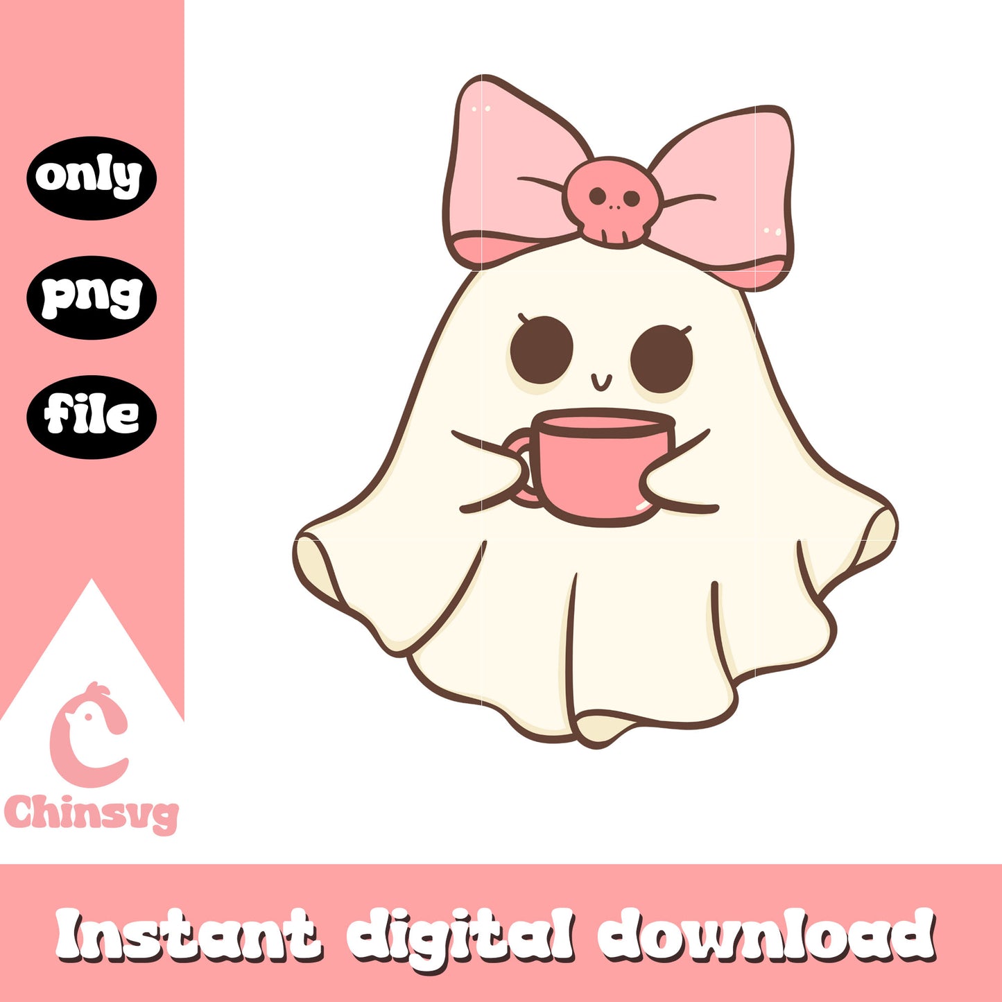 Ghost pink bow drink coffee design png, girl boo png