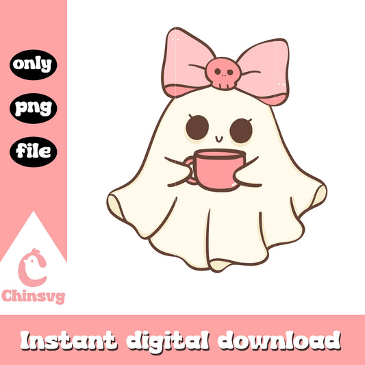Ghost pink bow drink coffee design png, girl boo png