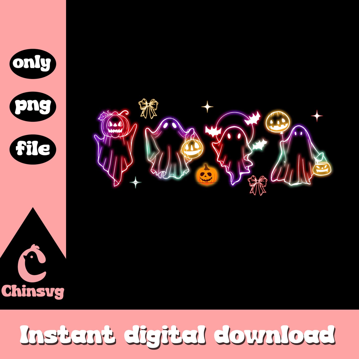 Ghost pumpkin halloween neon art design png, cute ghost png