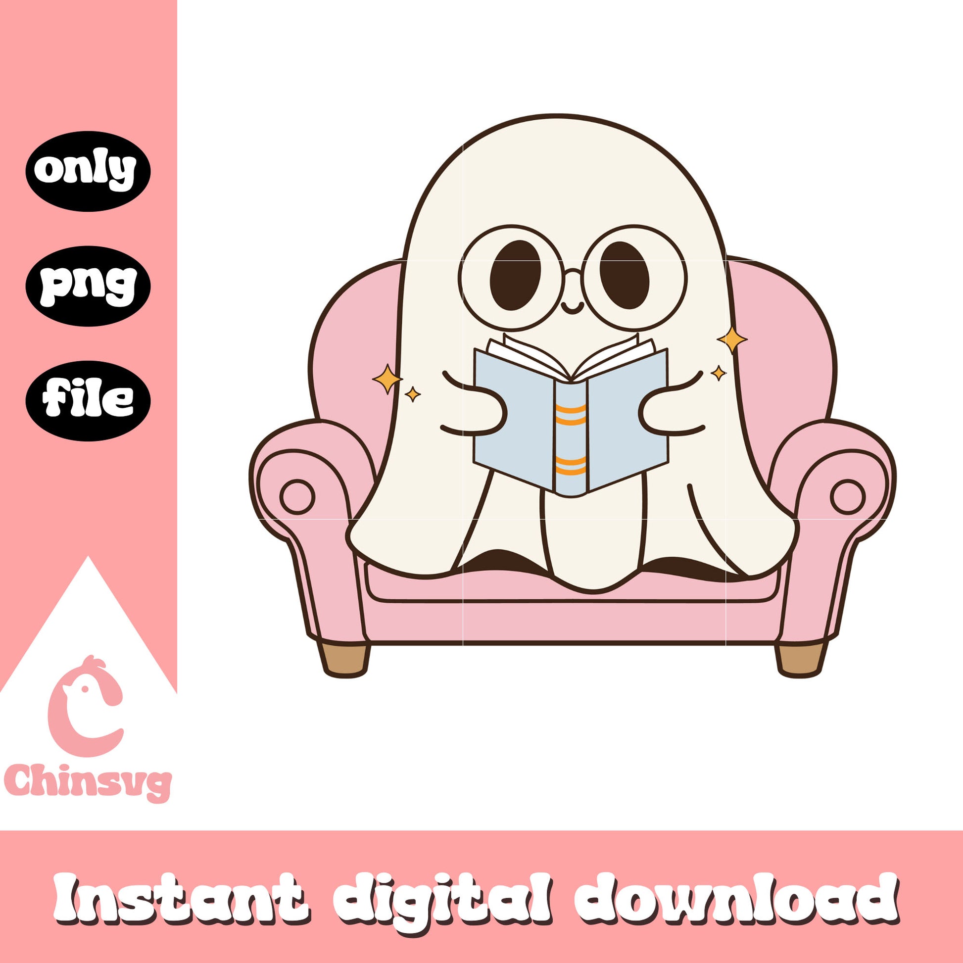 Ghost reading book design png, pink sofa png, ghost png