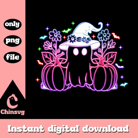Ghost witch with pumpkin floral halloween neon png, cute halloween ghost png