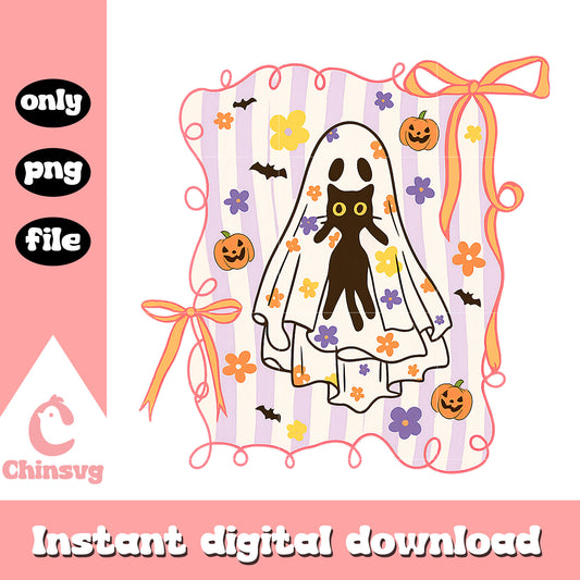 Ghost with black cat bow halloween png, ghost halloween png