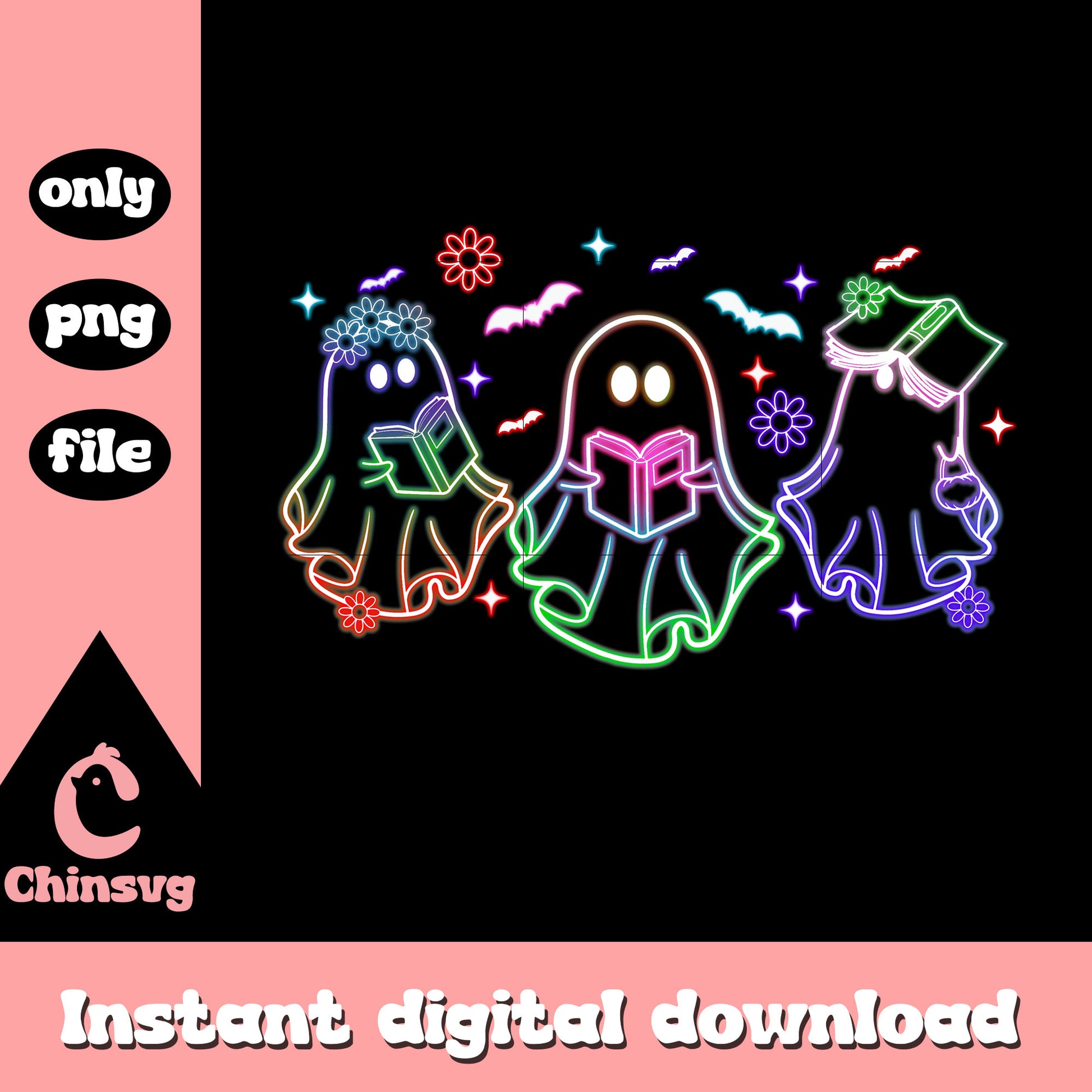 Ghost with book halloween flower neon png, cute halloween drawings ghost png