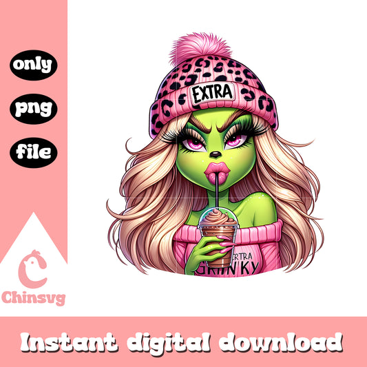 Girl grinch extra pink leopard christmas png, drink up grinches​ png