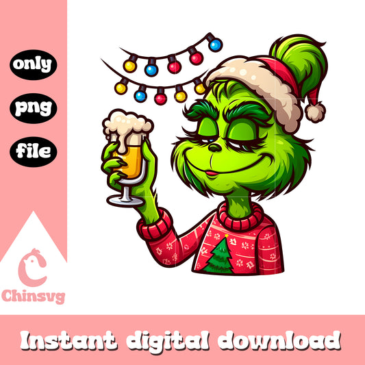 Girl grinch with beer cup christmas lights png, grinch beer​ png