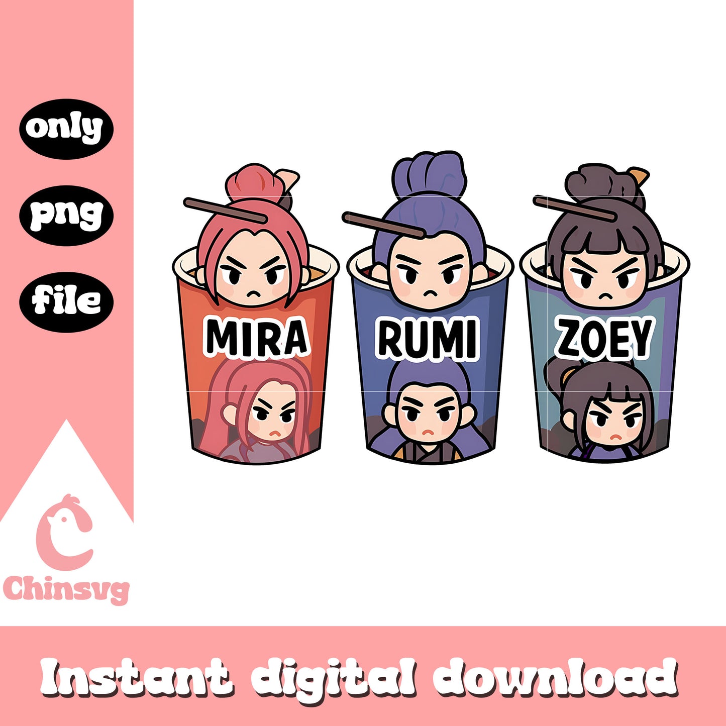 Girl band chibi ramyeon design png, demon hunters movie png