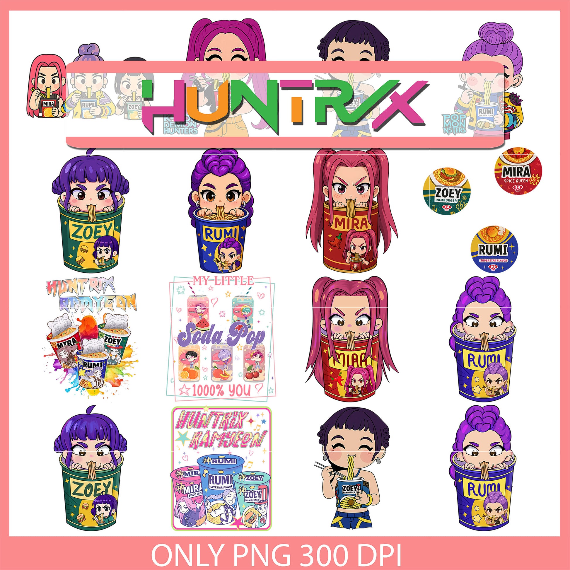 Girl band eating ramen bundle png, demon hunters movie png