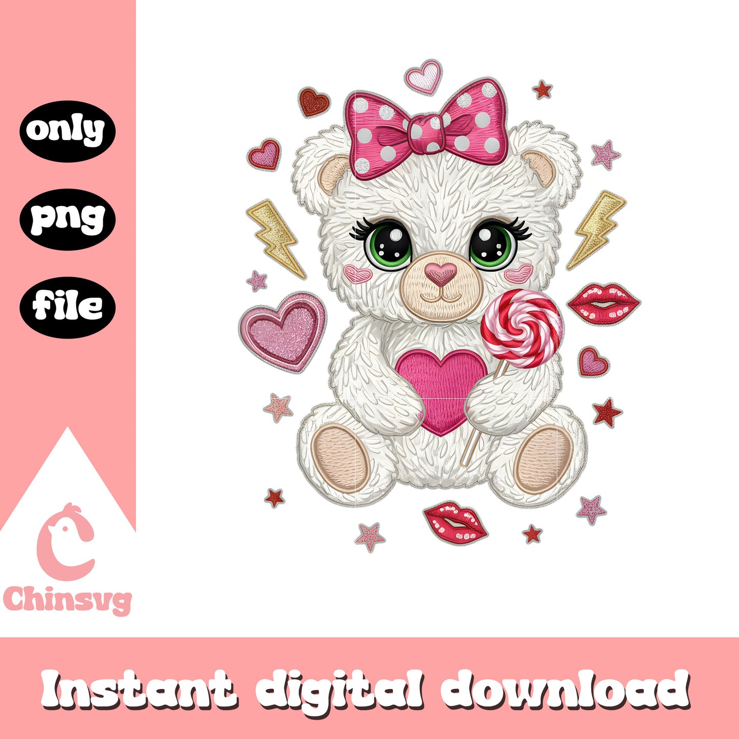 Girl bear crochet design png, valentines day teddy bear​ png