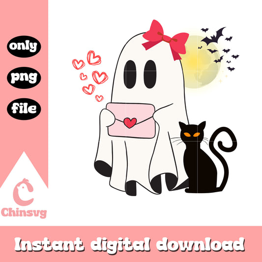 Girl sheet ghost love letter design png, black cat png