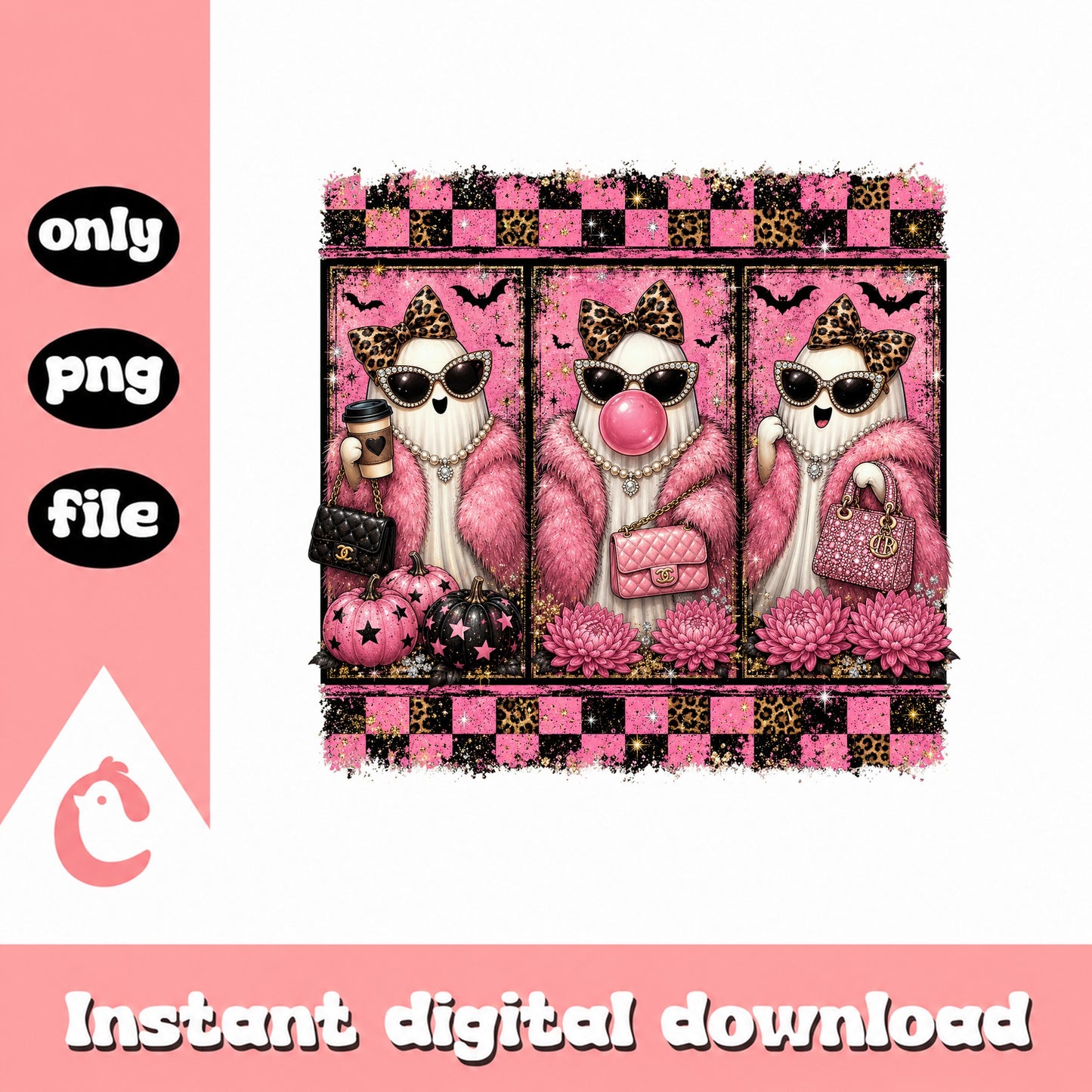 Glam Halloween Ghost Clipart, Pink Leopard Print, PNG File