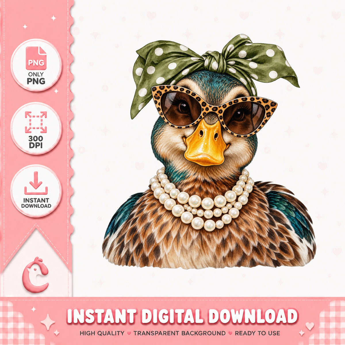 Glamorous Duck With Bandana Clipart, Leopard Sunglasses, PNG