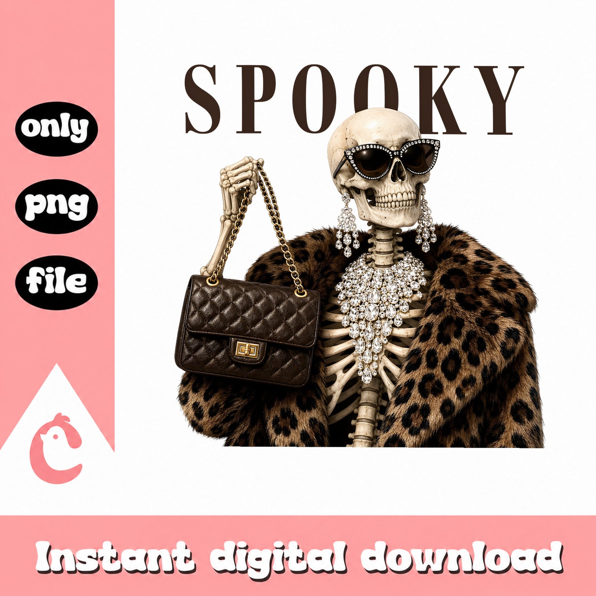 Glamour Skeleton Halloween PNG, Spooky Skull Leopard Coat, Sassy Skeleton PNG