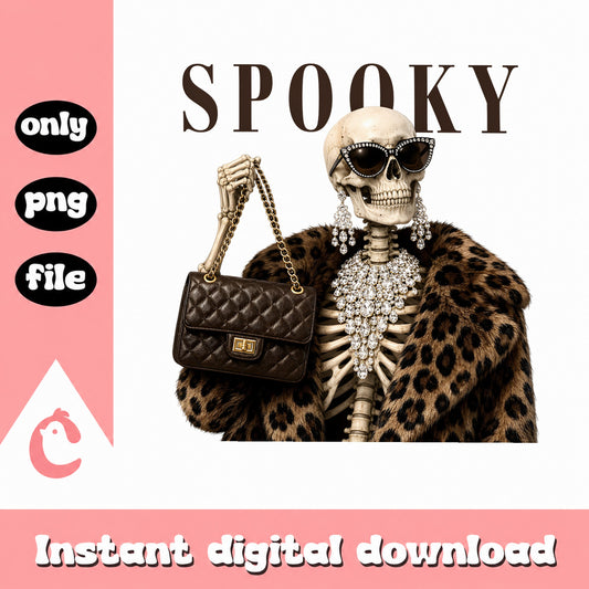 Glamour Skeleton Halloween PNG, Spooky Skull Leopard Coat, Sassy Skeleton PNG
