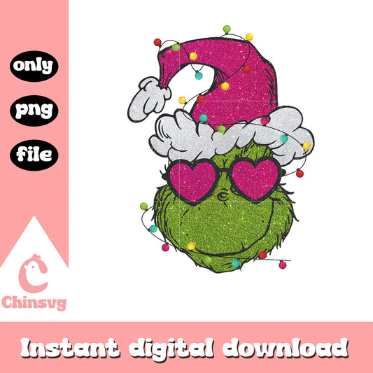 Glitter pink grinch christmas lights design png, grinch face​ png
