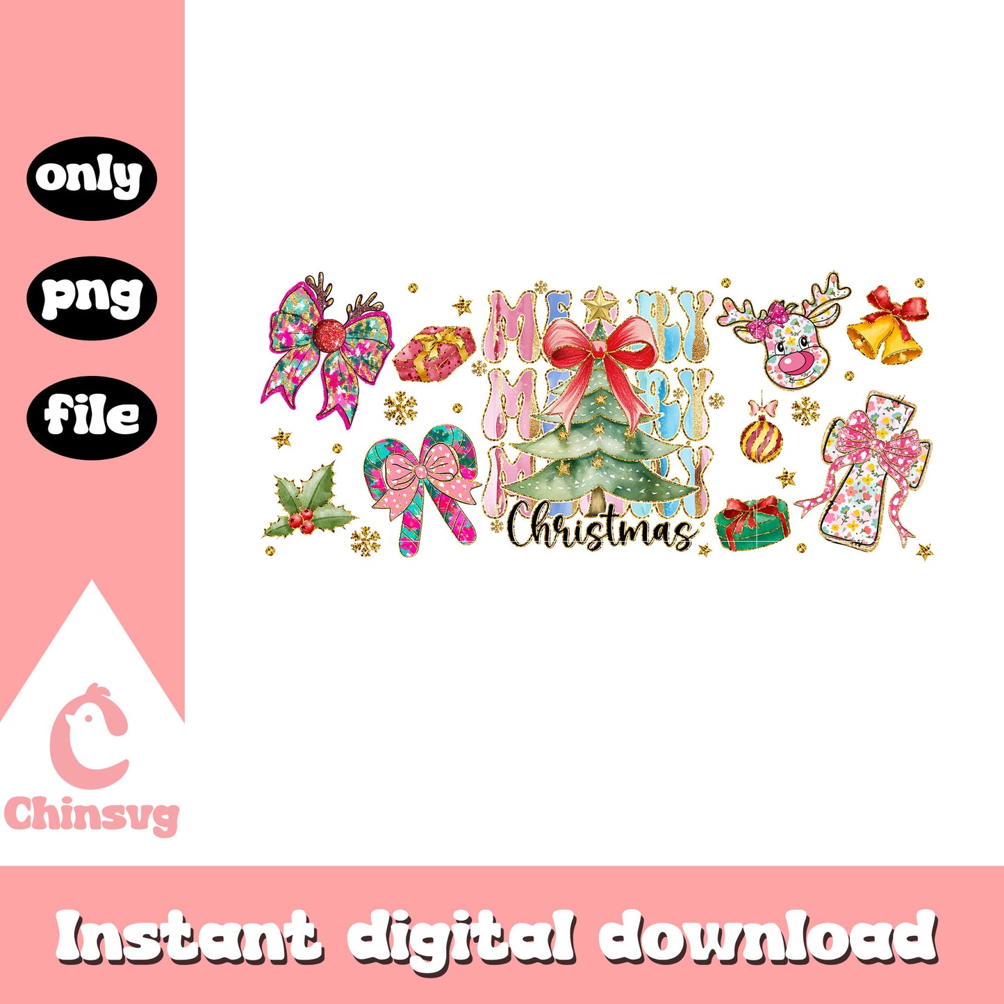 Glitter coquette merry christmas tree png, vintage christmas png