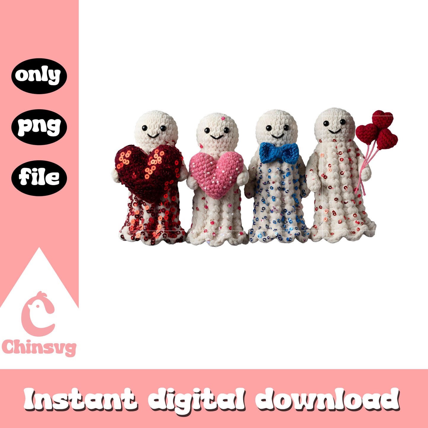 Glitter ghost design crochet png, ghost valentine's day​ png