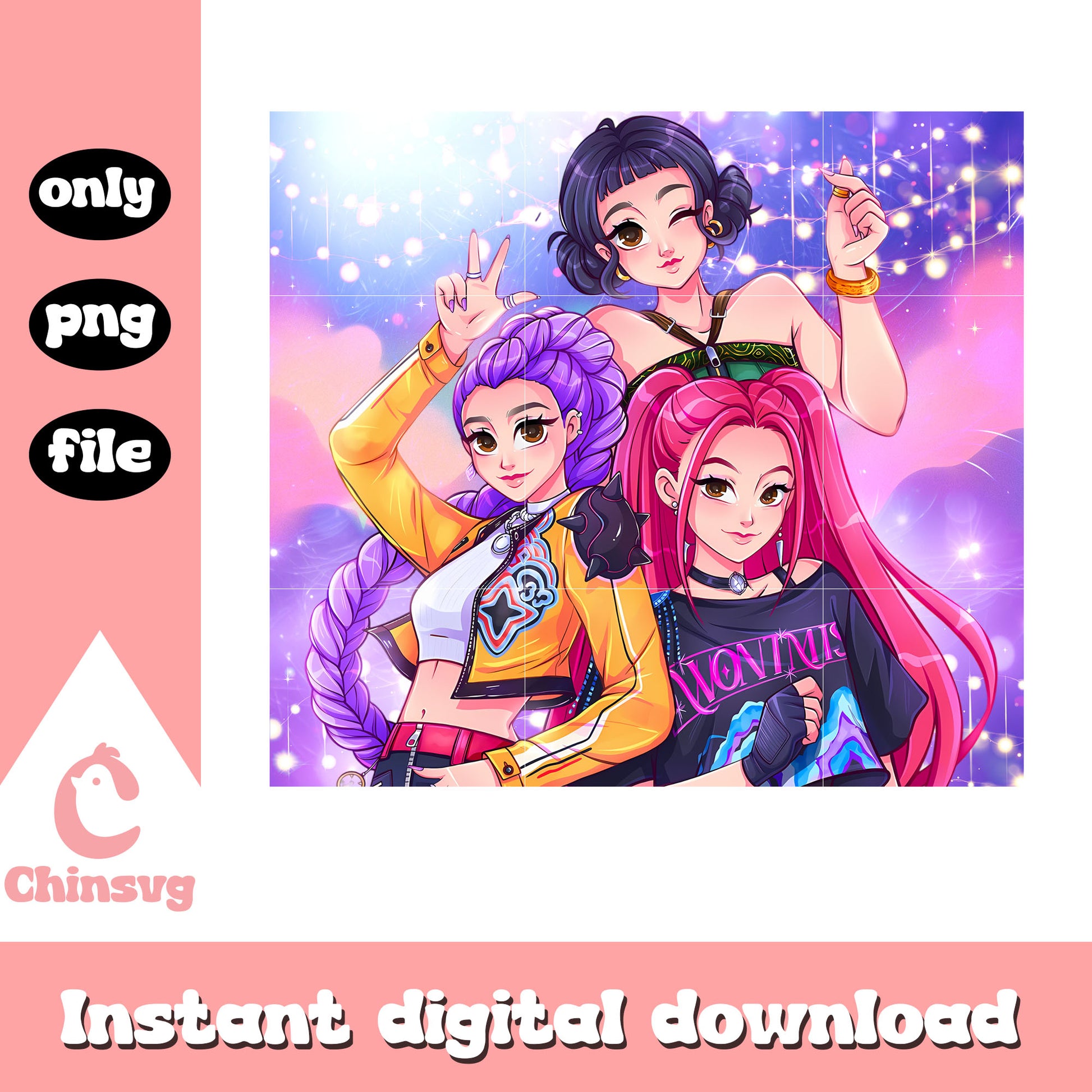 Glitter huntrix band members design png, huntrix png