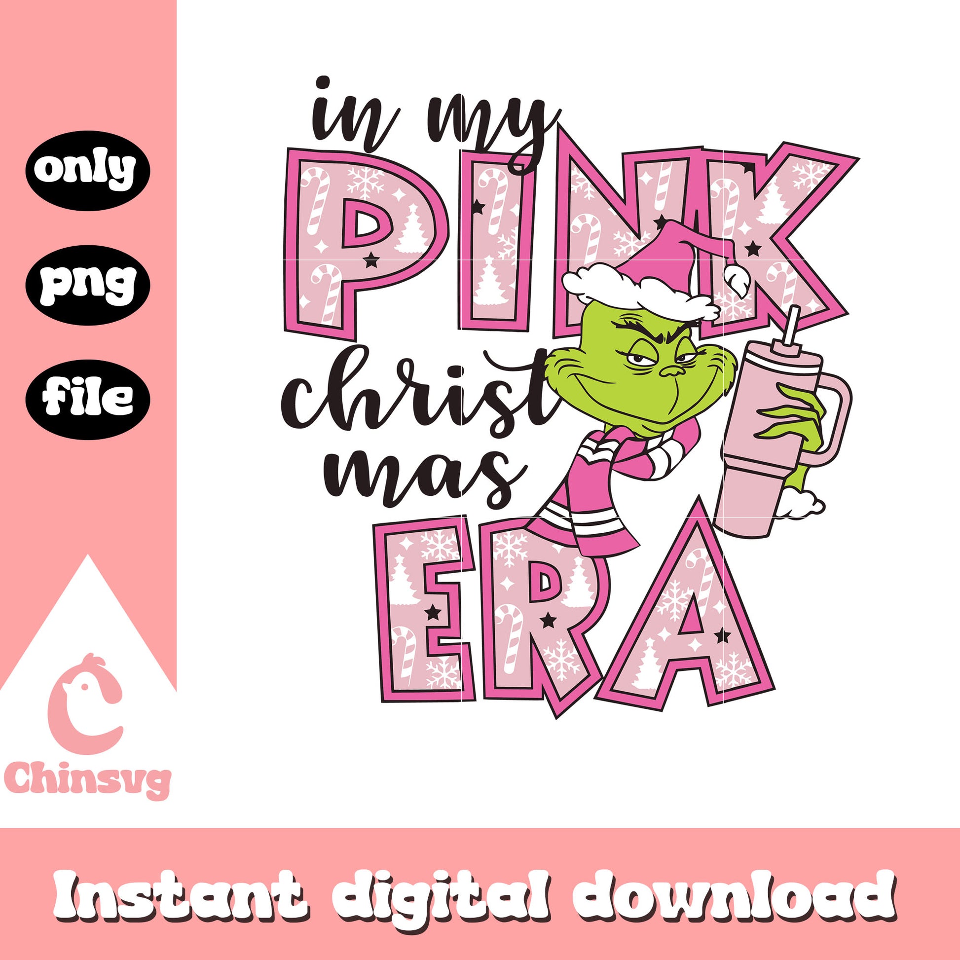 Glitter in my pink christmas era quote png, grinch funny quote png