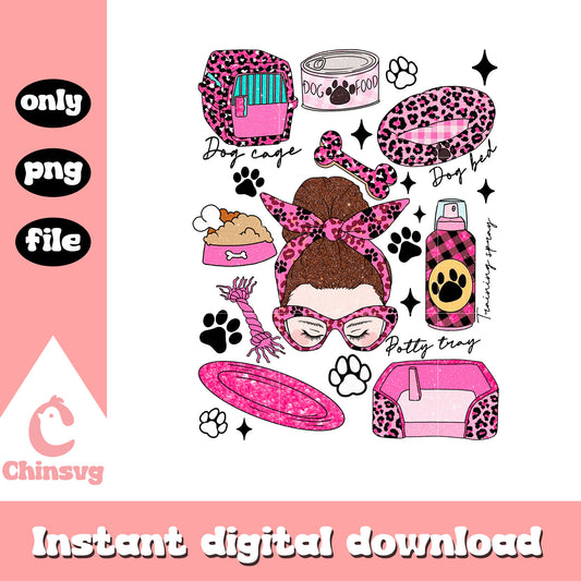 Glitter pink barbie dog print png, messy bun png, dog png