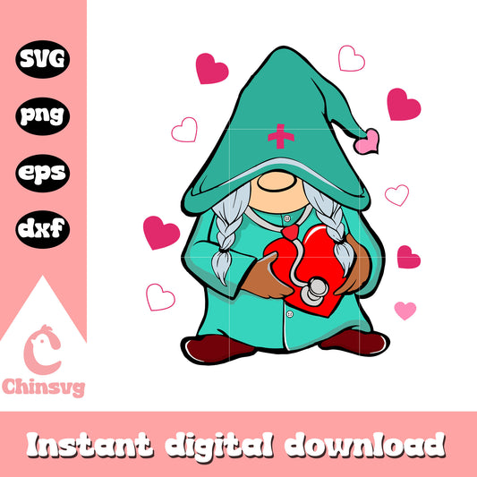 Gnome nurse heart valentine design svg, valentine gnomes​ svg